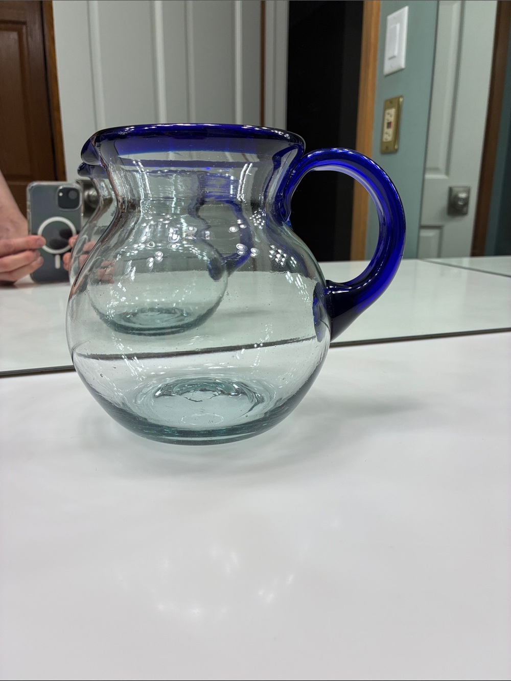 Margarita Glass Pitcher with Cobalt Blue Rim and Handle 2 Quart